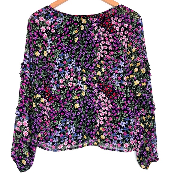 1.State Ditsy Patches Mixed Black Floral Blouse with Sheer Sleeves - Picture 3 of 6